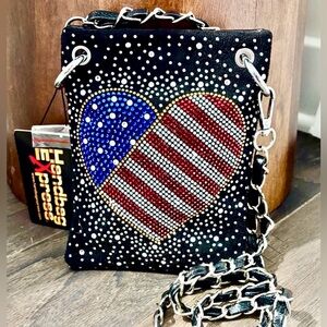 Handbag Express Crossbody, American Flag rhinestone heart,snap top, 1 card slot